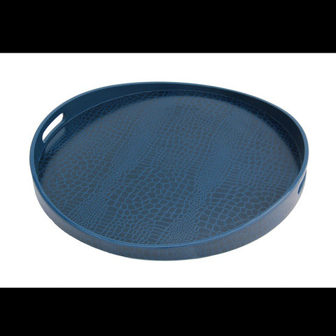 Round Serving Tray Navy Blue Faux Crocodile