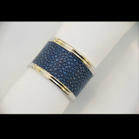 Silver Plated Napkin Ring Faux Shagreen Navy