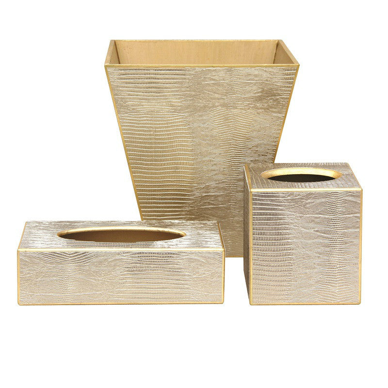 Faux Lizard Wate Paper Basket an Tissue Box Set Gold wit Gold Leafed Trims